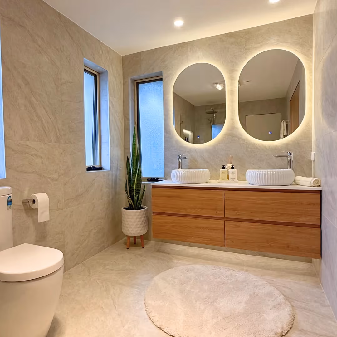 Completed bathroom with illuminated mirrors and ceiling lighting
